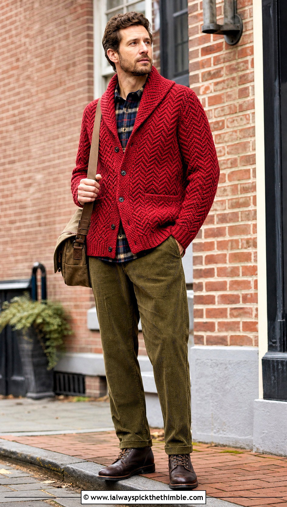 Herringbone Crochet Shawl Collar Cardigan With Corduroy Pants - 20 Mens Crochet Shawl Collar Cardigan outfit ideas