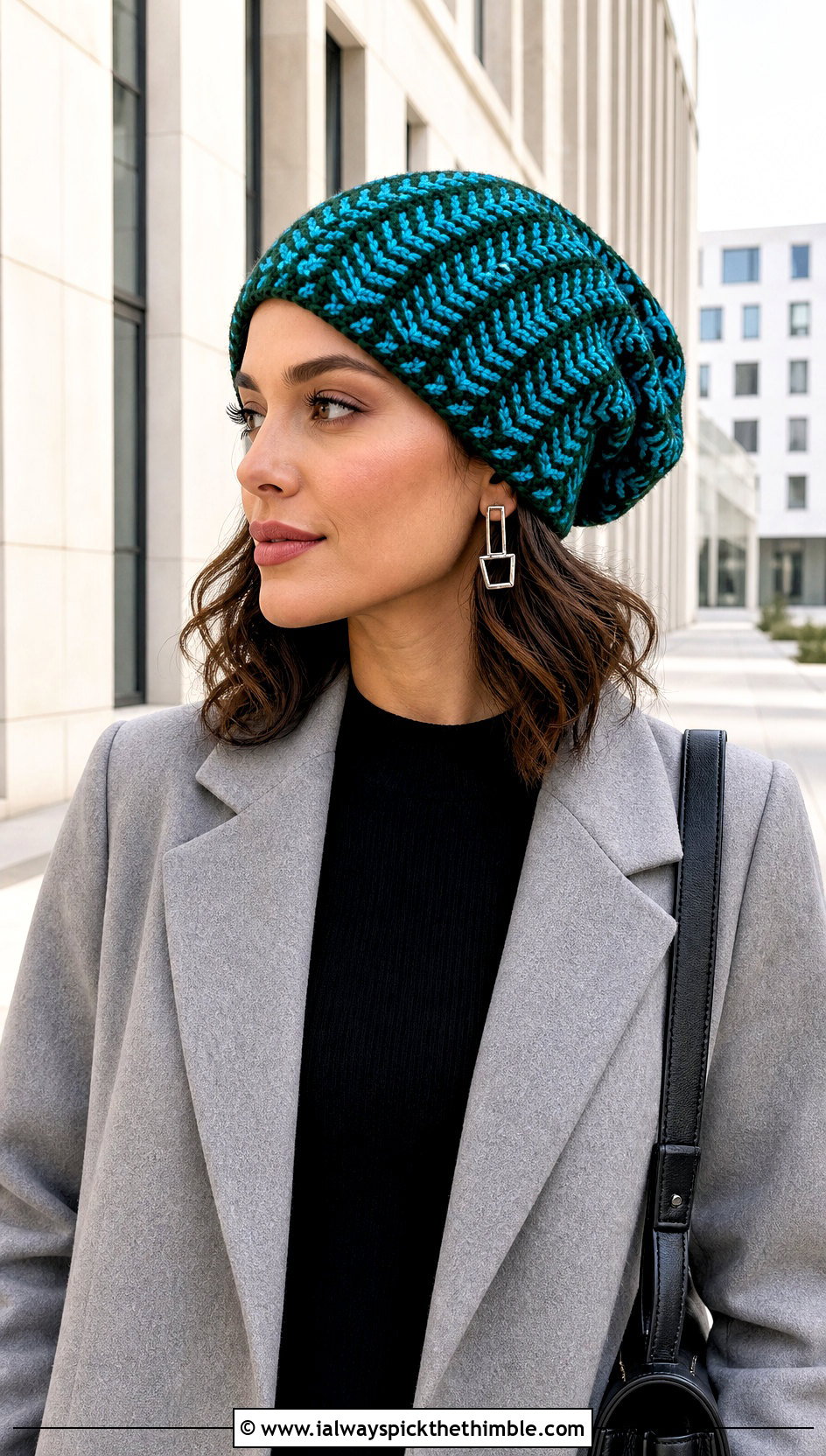 Herringbone Crochet Slouchy Hat With Monochrome Coat Outfit - 25 crochet slouchy hat outfit ideas