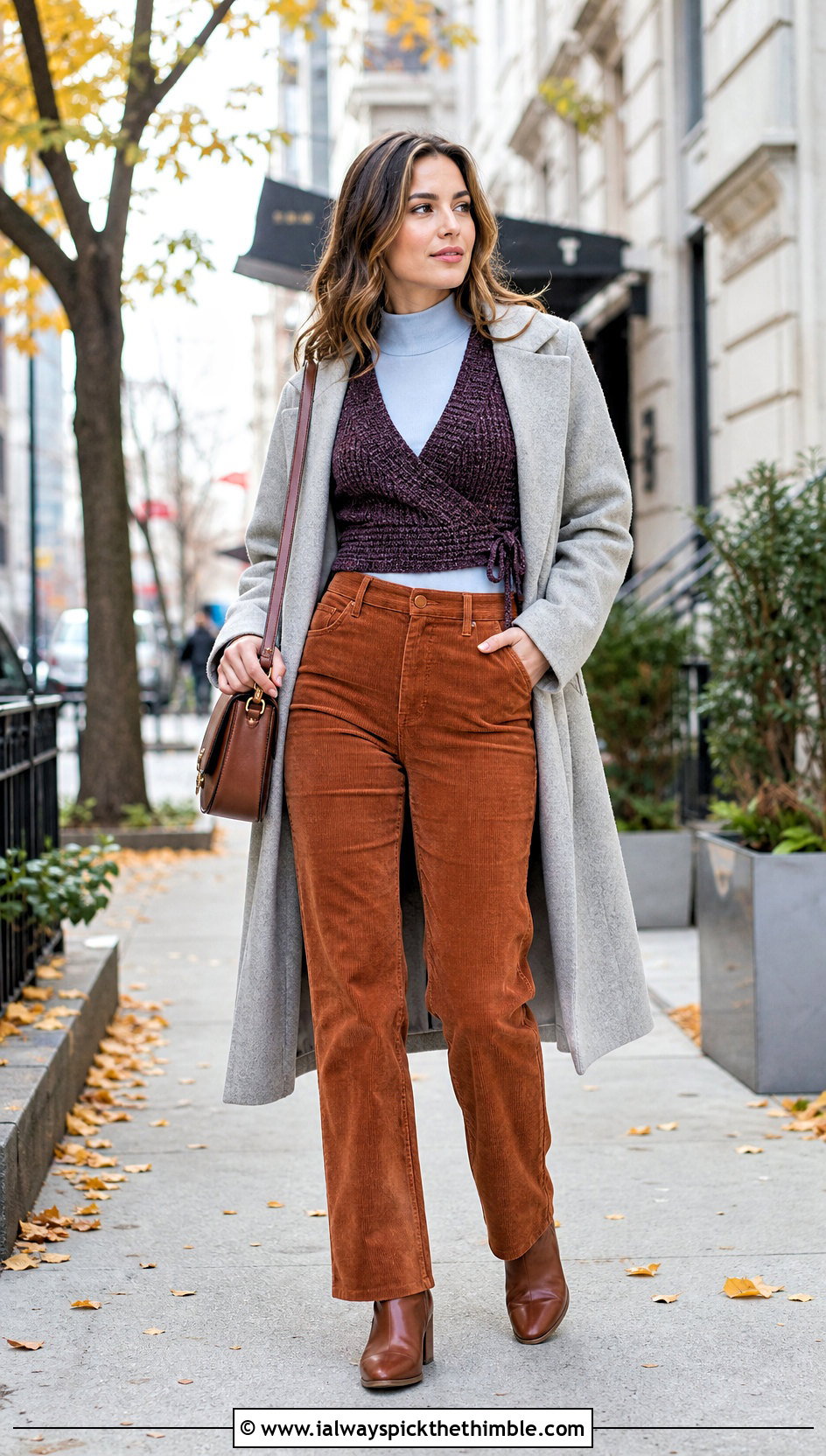 Herringbone Crochet Wrap Crop Top With Corduroy Pants - 15 crochet wrap crop top outfit ideas