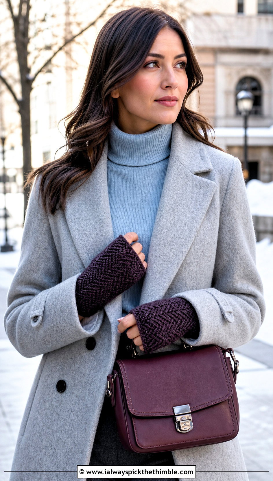 Herringbone DK Yarn Crochet Fingerless Gloves With Wool Coat And Trousers - 20 dk yarn crochet fingerless gloves outfit ideas