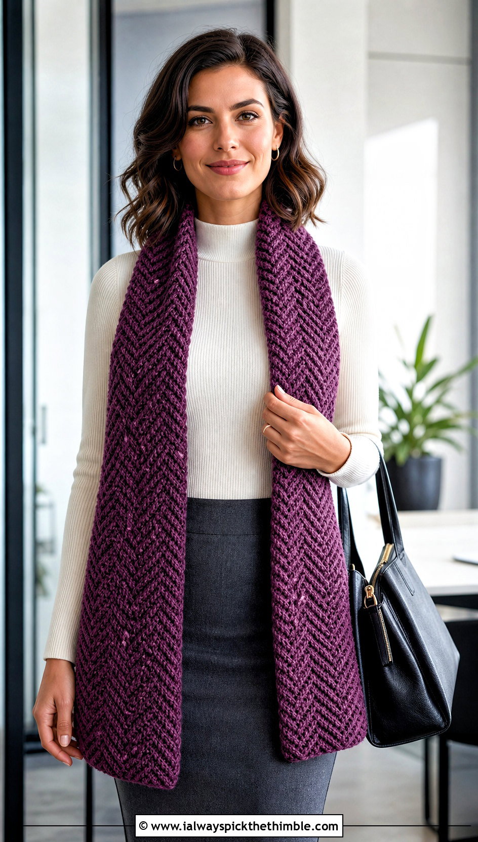 Herringbone Double Crochet Scarf With Pencil Skirt - 25 double crochet scarf outfit ideas