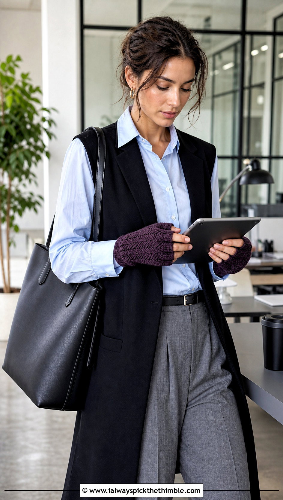 Herringbone Fingerless Crochet Gloves With Office Outfit - 20 fingerless crochet gloves outfit ideas