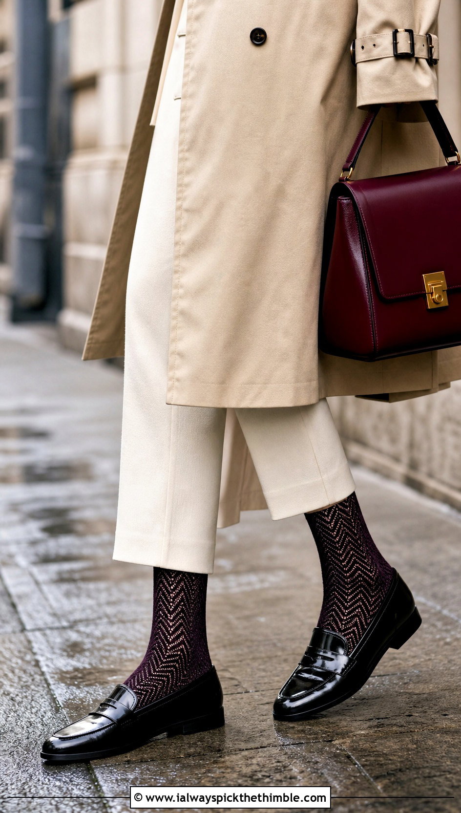 Herringbone Flat Crochet Socks With a Trench Coat - 20 flat crochet sock outfit ideas