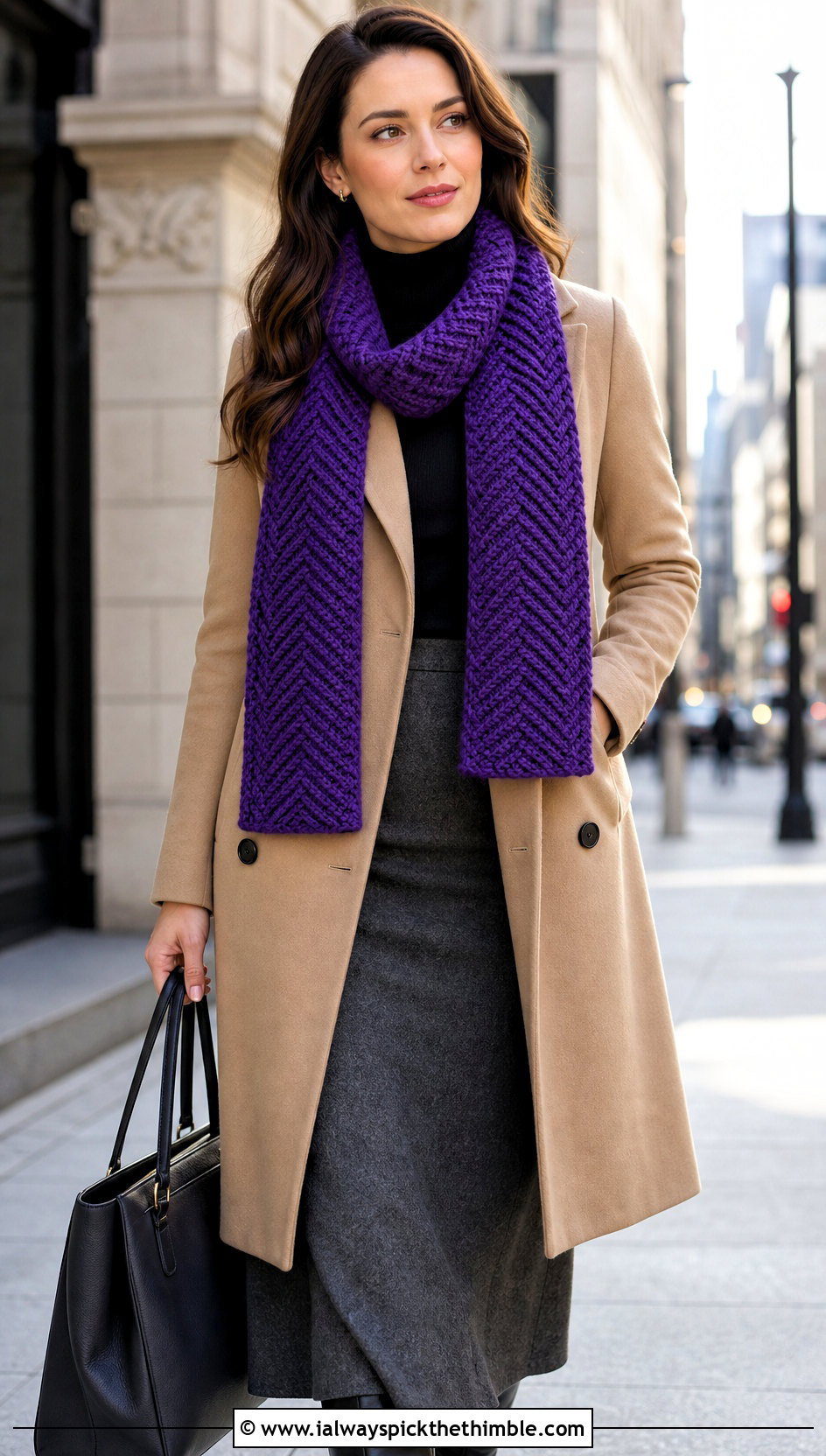 Herringbone Half Double Crochet Scarf With Tailored Coat - 20 Half Double Crochet Scarf outfit ideas