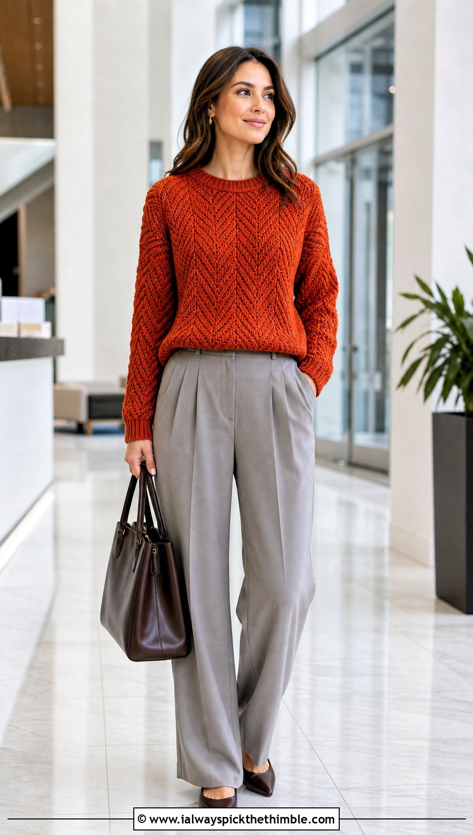 Herringbone Half Double Crochet Sweater With Pleated Pants - 20 half double crochet sweater outfit ideas