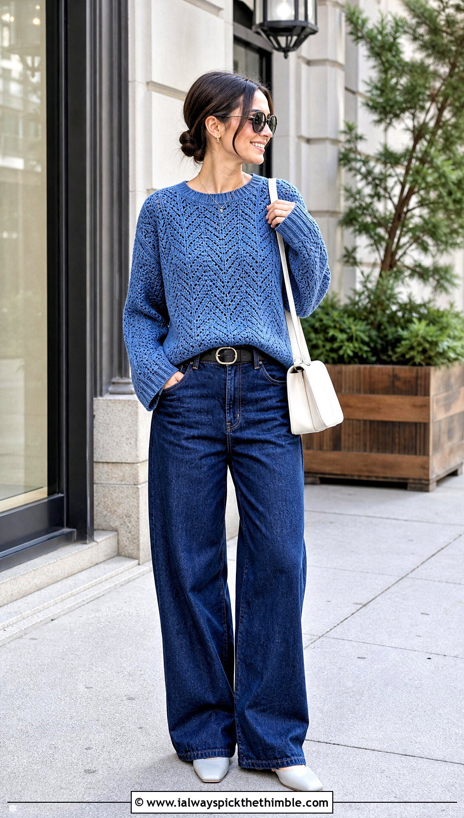 Herringbone Knit Look Crochet Sweater With Wide Leg Jeans - 20 knit look crochet sweater outfit ideas
