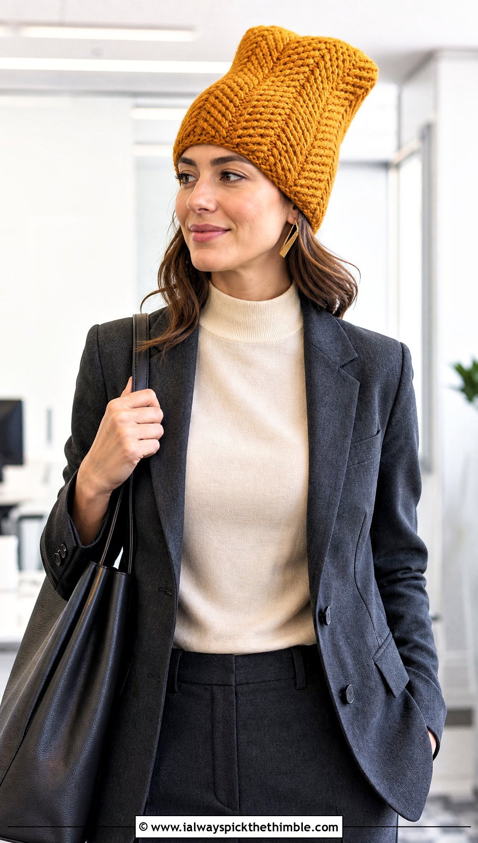 Herringbone Long Crochet Hat With Trouser Suit - 20 crochet long hat outfit ideas