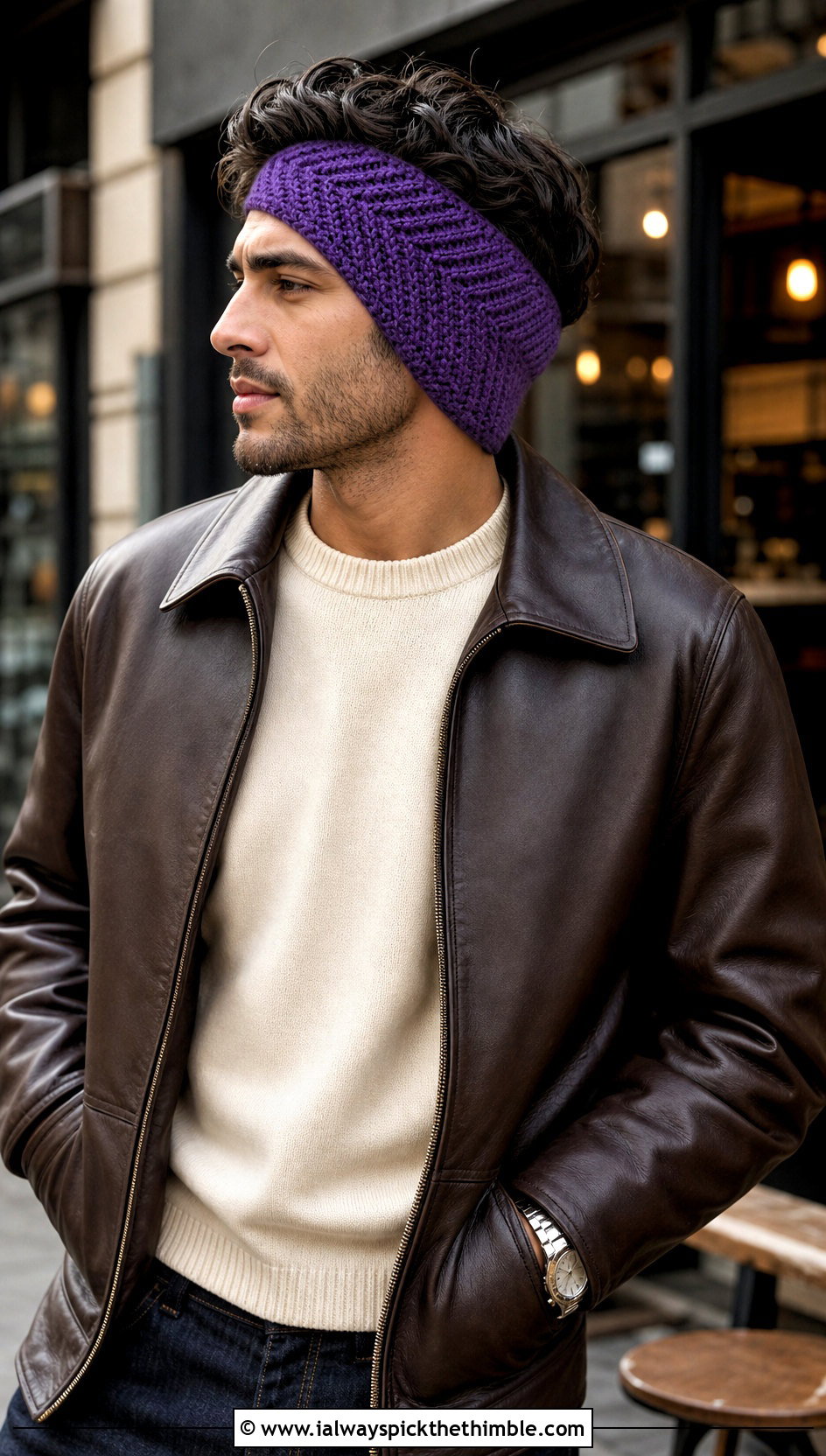 Herringbone Mens Crochet Ear Warmer With Leather Jacket - 15 mens crochet ear warmer outfit ideas