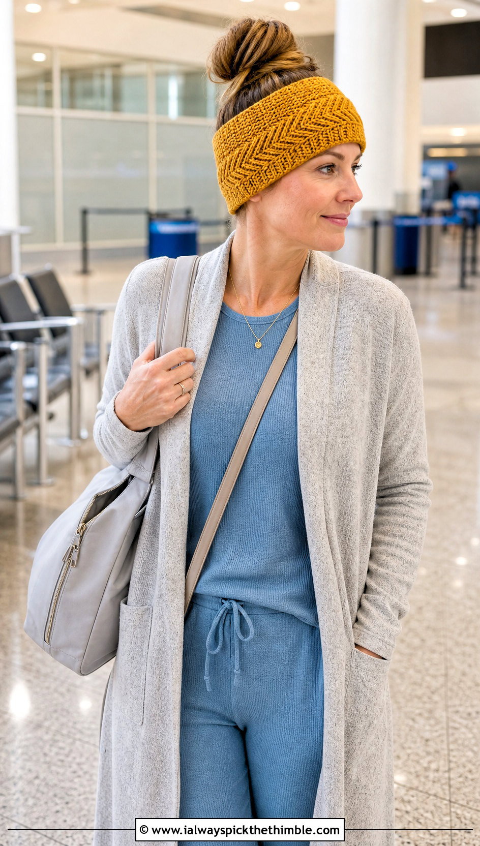 Herringbone Messy Bun Crochet Beanie With Airport Outfit - 20 easy messy bun crochet beanie outfit ideas