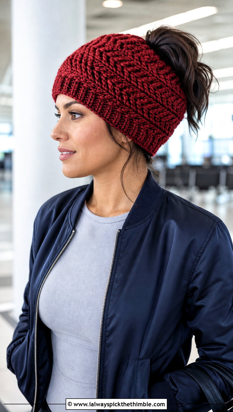 Herringbone Messy Bun Crochet Hat With Bomber Jacket - 20 Messy Bun Crochet Hat outfit ideas