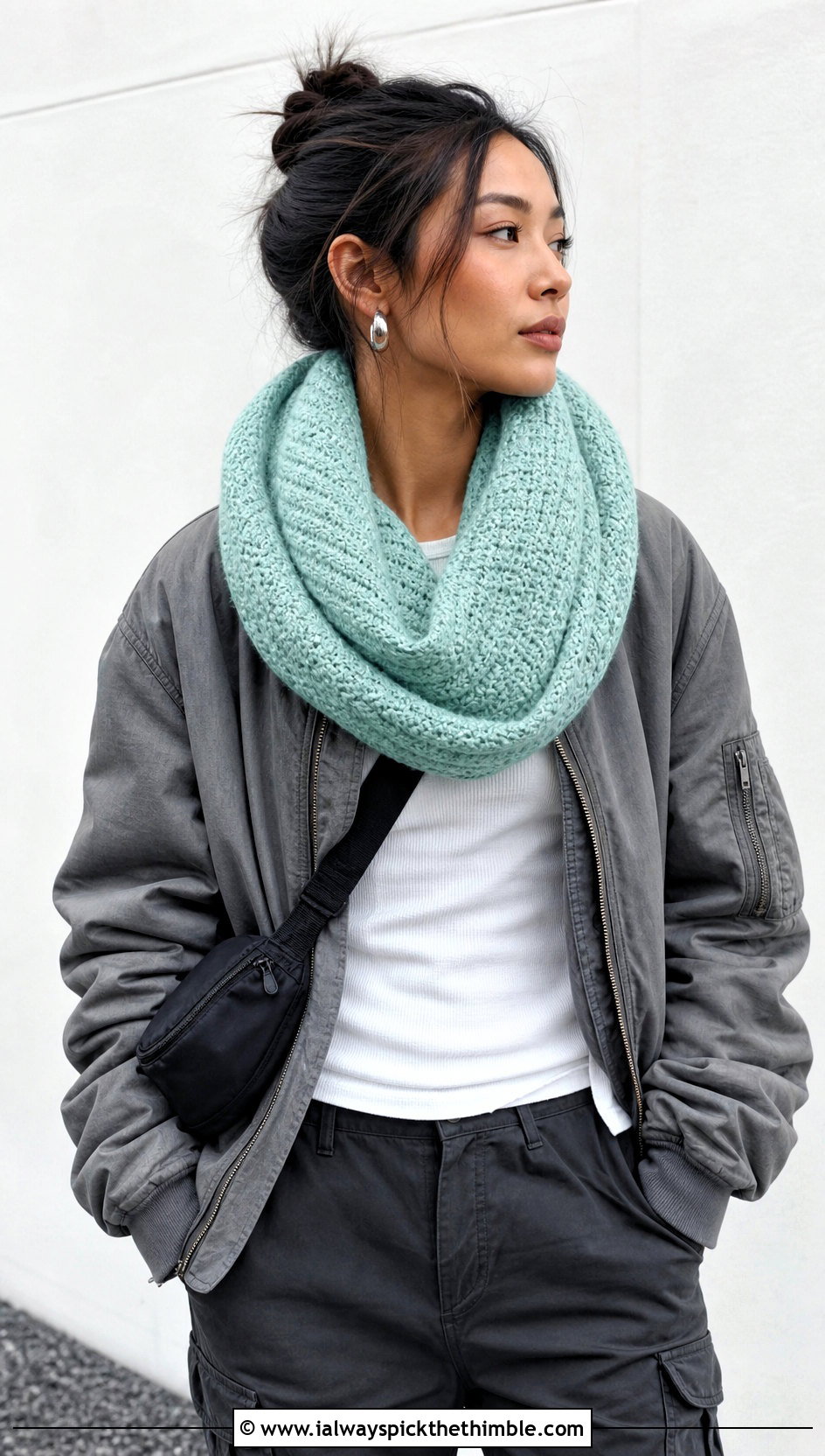 Herringbone Oversized Crochet Infinity Scarf With Cargo Pants - 15 Oversized Crochet Infinity Scarf outfit ideas