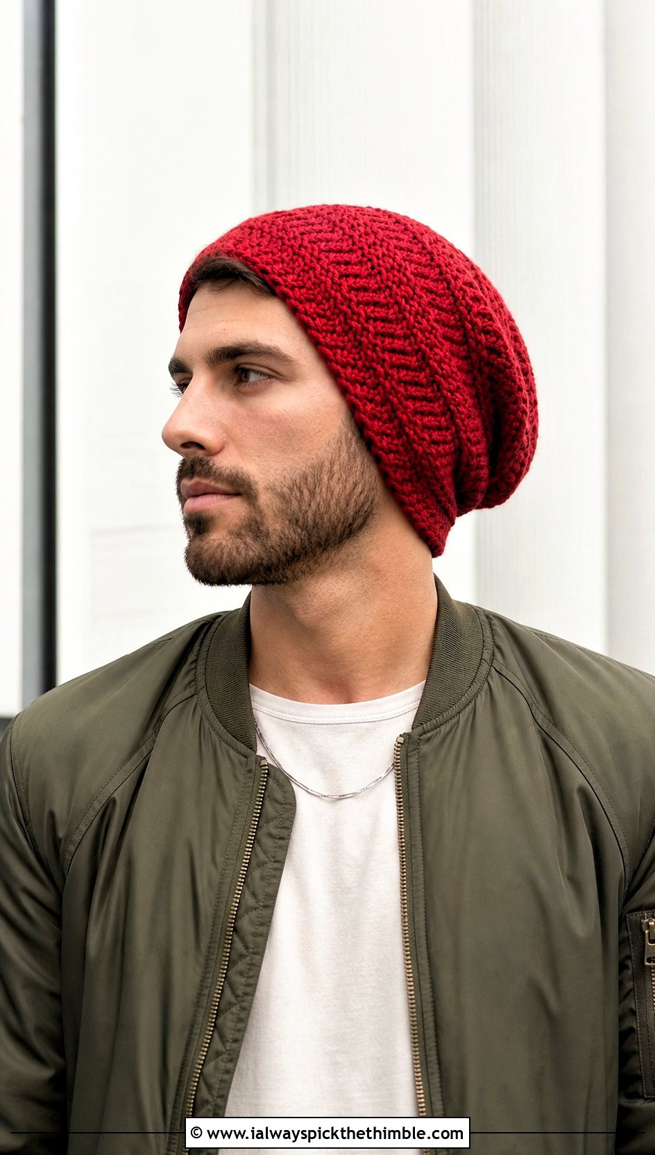 Herringbone Slouch Crochet Beanie With Bomber Jacket - 20 Mens Slouch Crochet Beanie outfit ideas