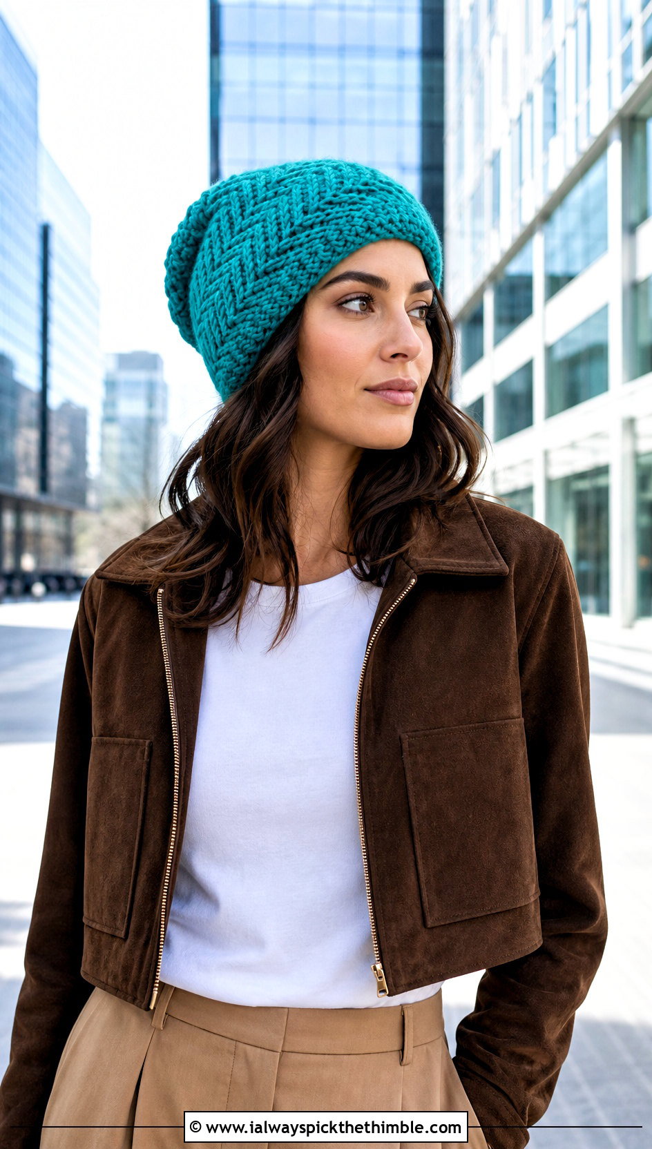 Herringbone Slouch Crochet Beanie With Tailored Trousers - 20 slouch crochet beanie outfit ideas