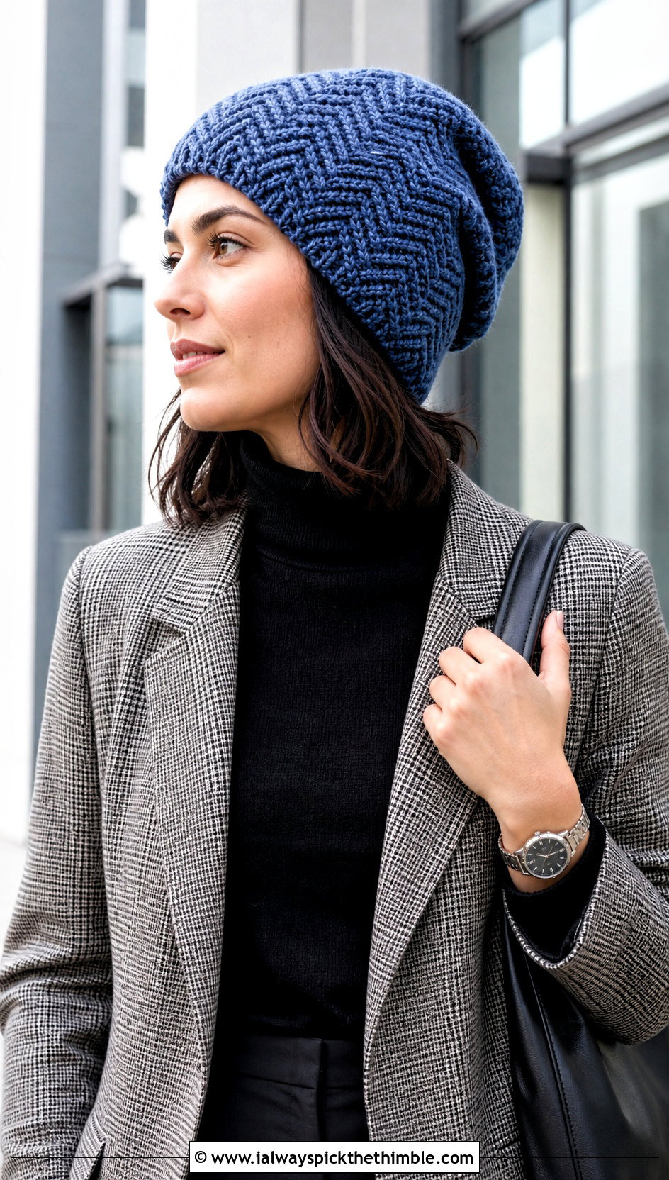 Herringbone Slouchy Crochet Beanie With Plaid Blazer - 25 slouchy crochet beanie outfit ideas