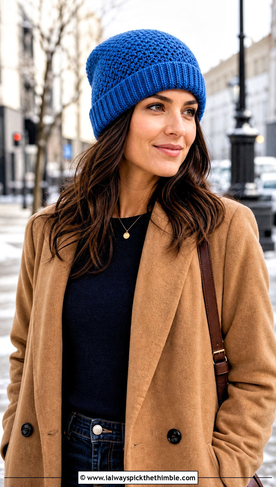 Herringbone Stitch Beanie With Wool Coat And Wide Leg Jeans - 20 crochet stitch hat outfit ideas