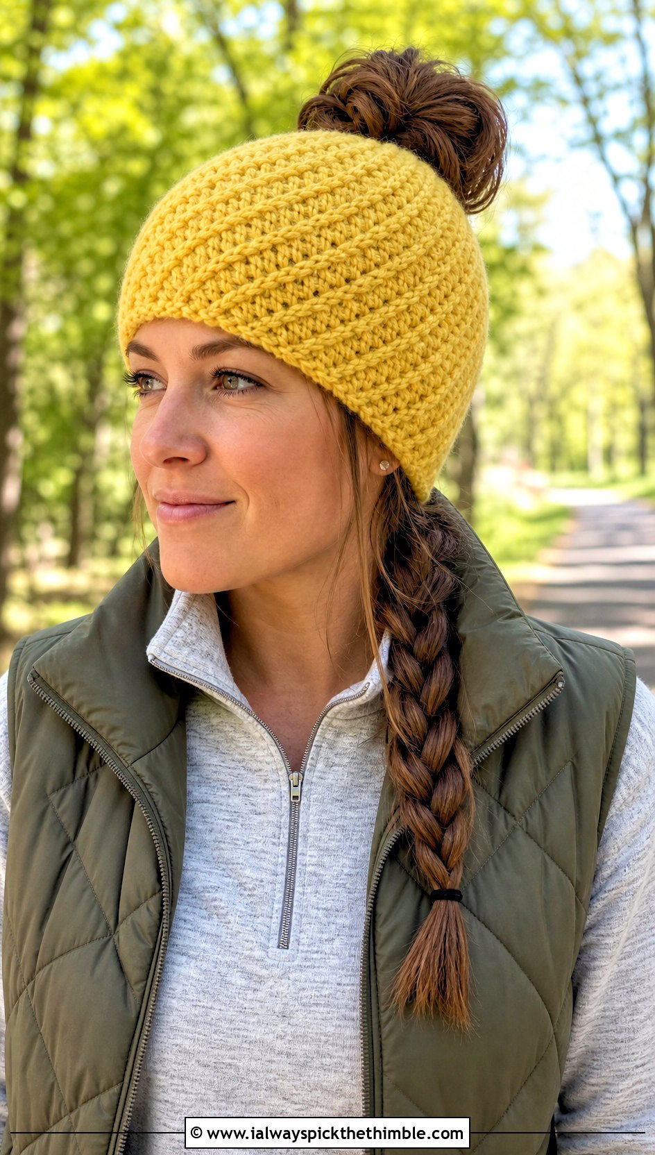 Herringbone Stitch Bun Crochet Beanie With Quilted Vest And Joggers - 20 Bun Crochet Beanie outfit ideas
