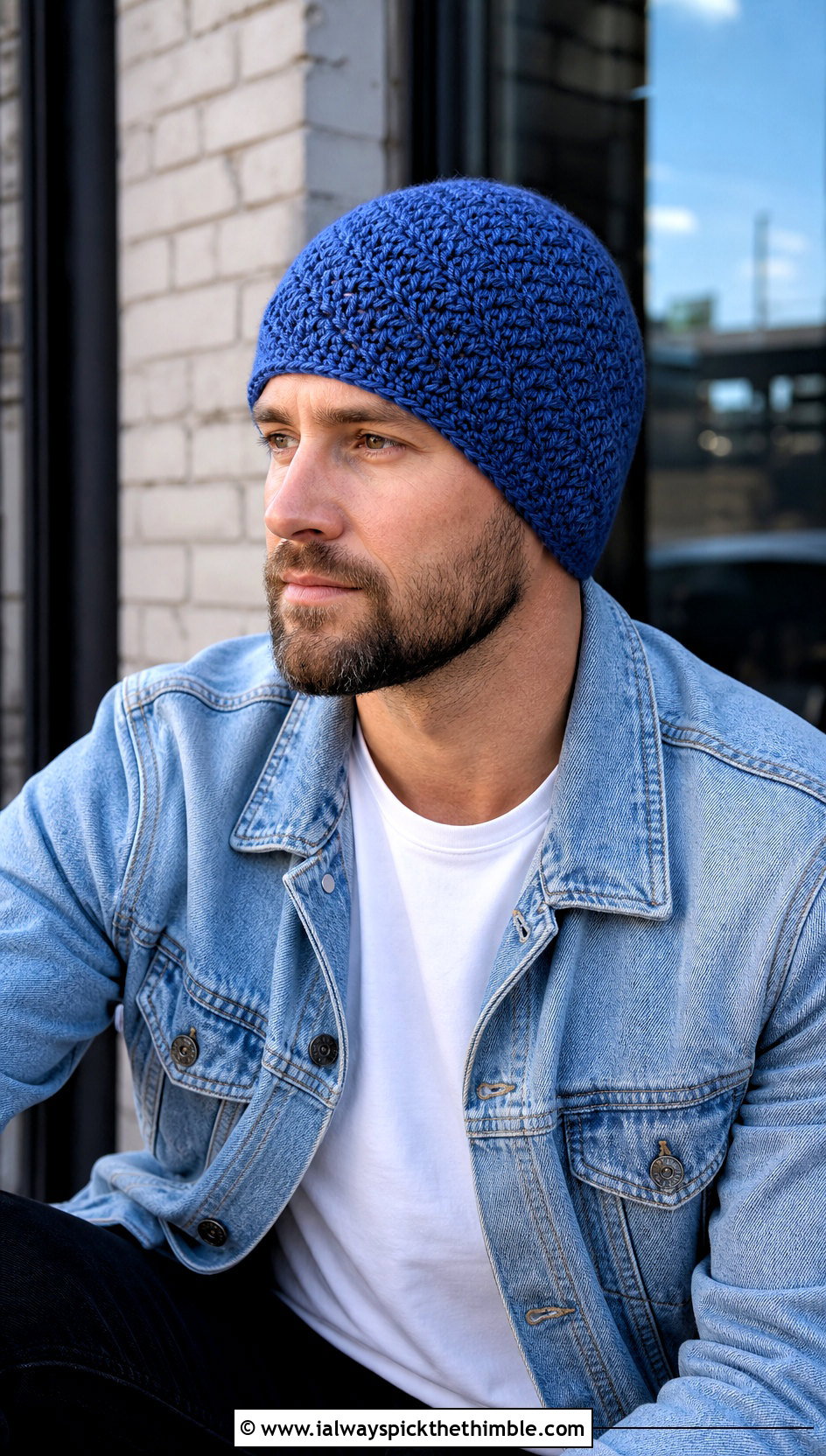 Herringbone Stitch Chemo Cap With Denim Jacket - 20 Crochet Chemo Caps For Men outfit ideas
