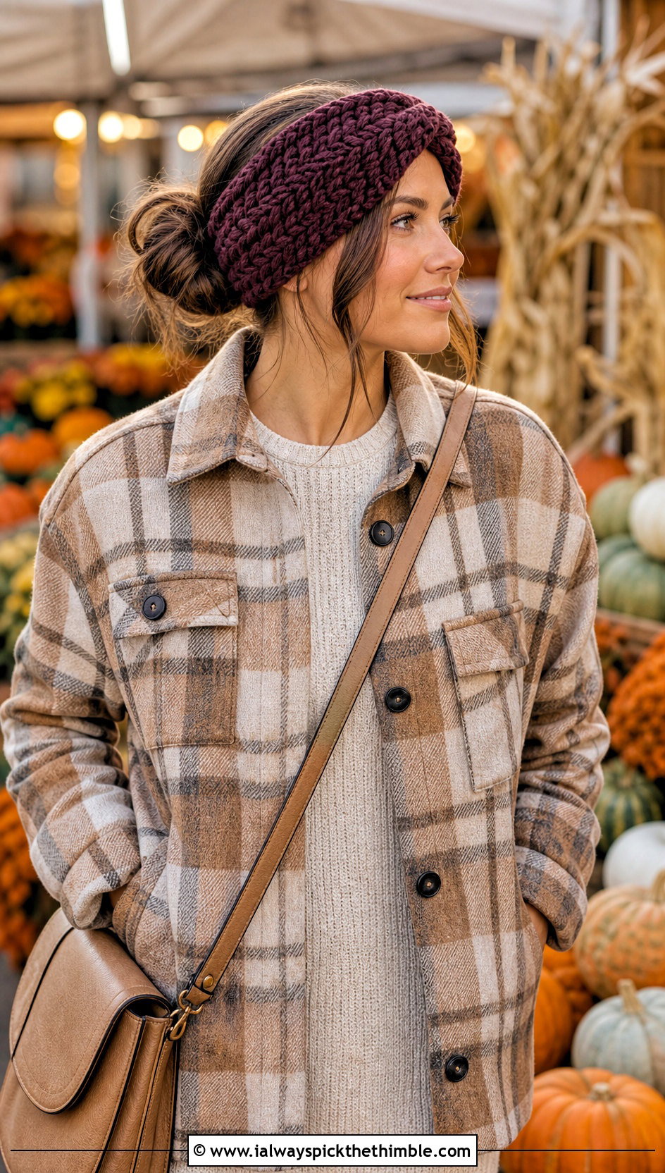 Herringbone Stitch Chunky Yarn Crochet Ear Warmer With Shacket - 20 chunky yarn crochet ear warmer outfit ideas