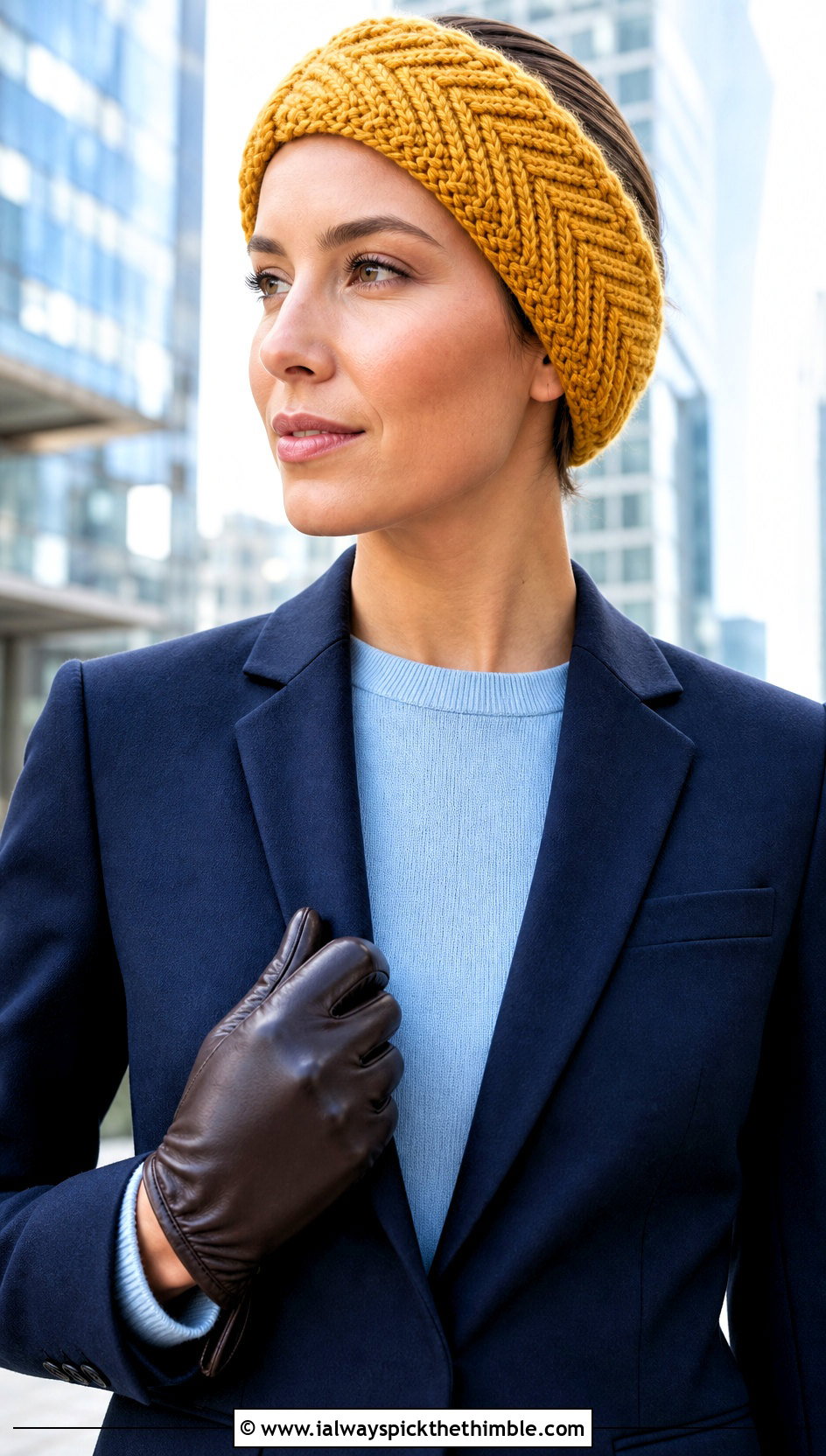 Herringbone Stitch Crochet Ear Warmer With Trouser Suit - 15 Quick And Easy Crochet Ear Warmers outfit ideas