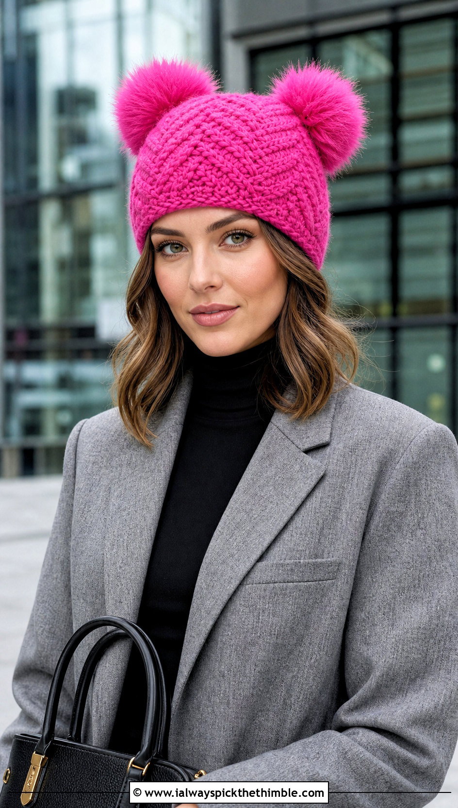 Herringbone Stitch Double Pompom Crochet Hat With Blazer - 20 Double Pompom Crochet Hat outfit ideas