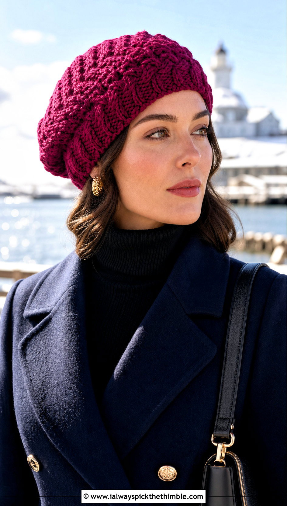 Herringbone Stitch Slouchy Crochet Beret With Peacoat - 20 Slouchy Crochet Beret outfit ideas