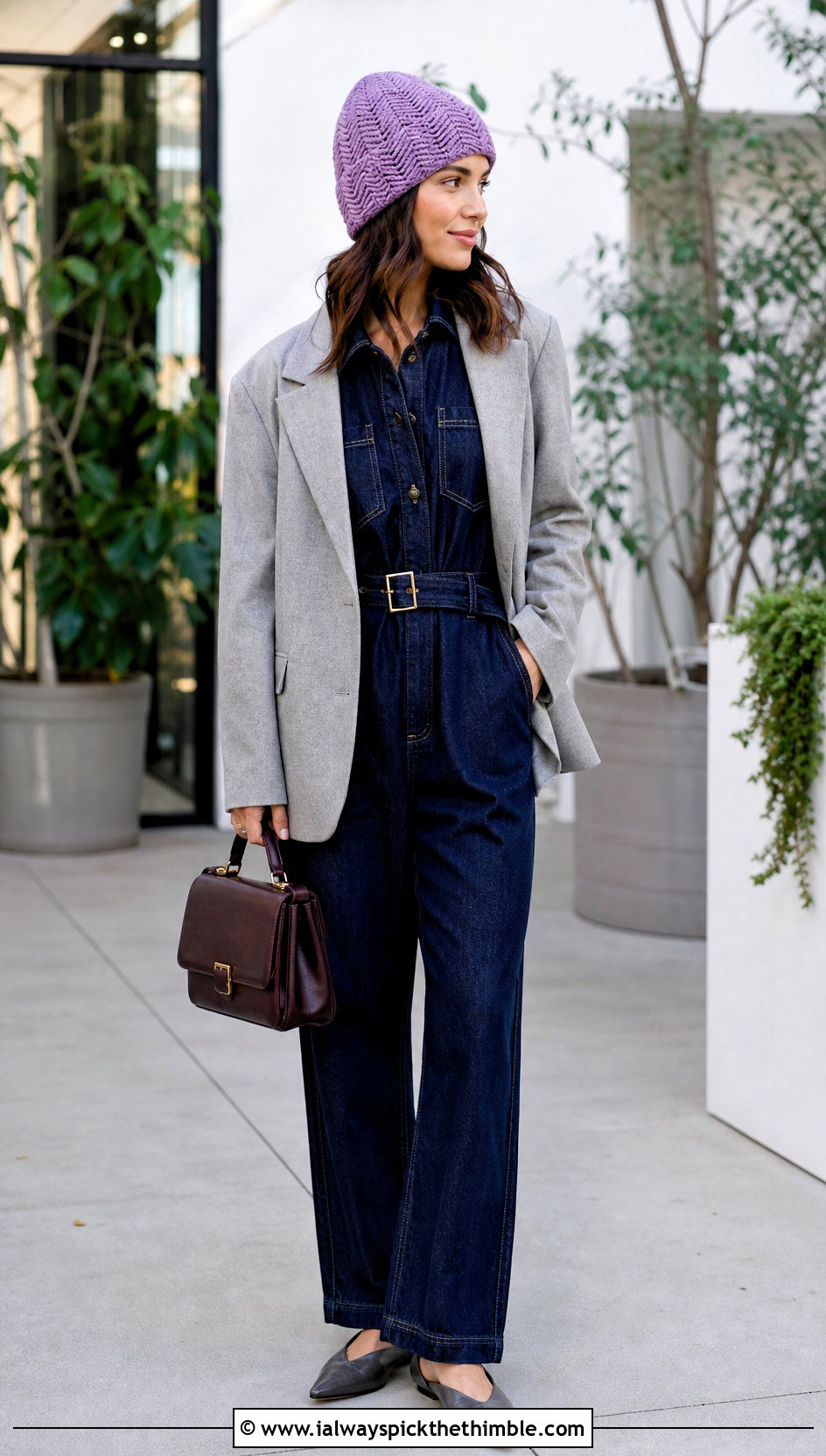 Herringbone Stitch Top Down Crochet Beanie With Blazer And Denim Jumpsuit - 25 top down crochet beanie outfit ideas