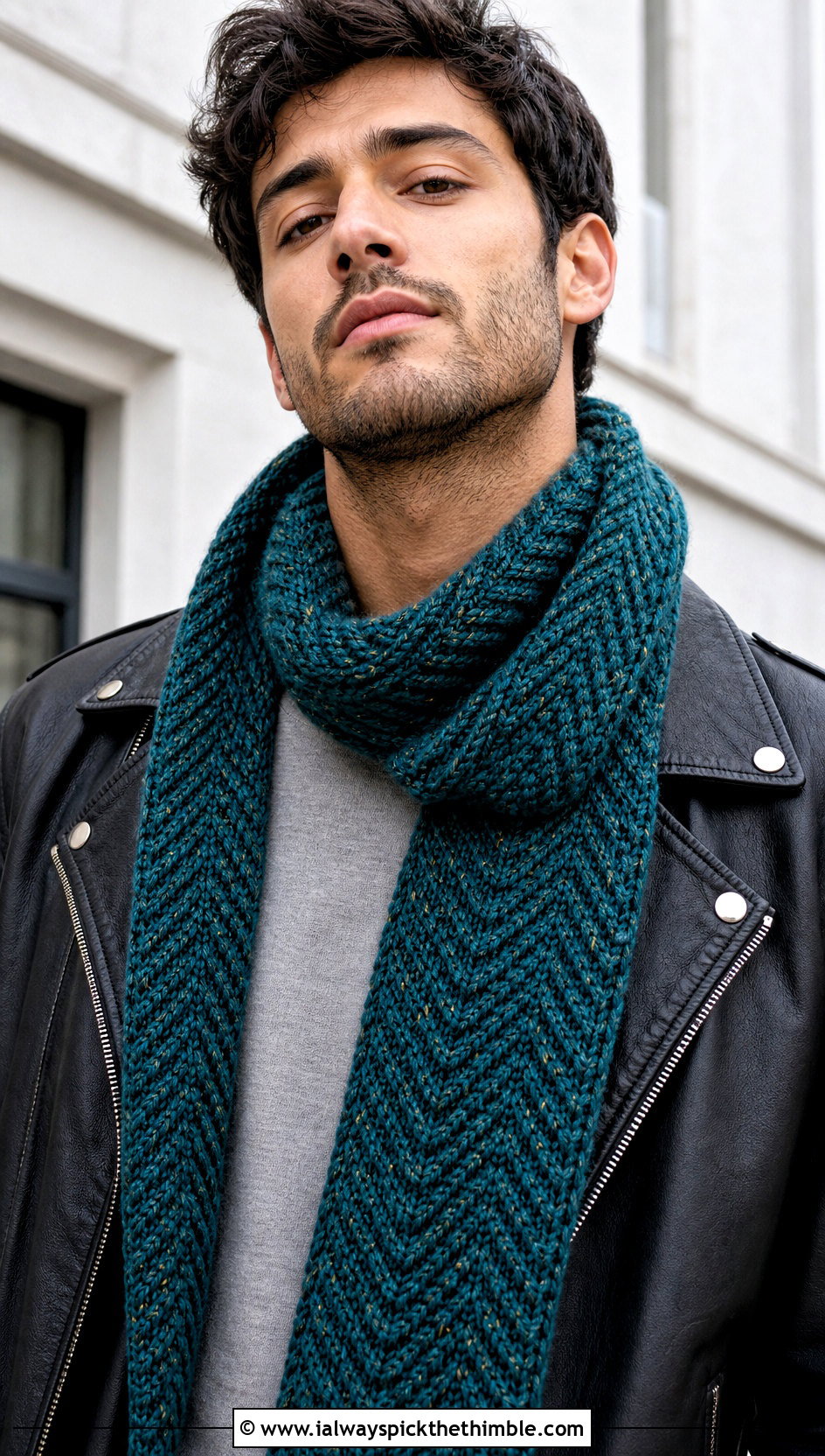 Herringbone Tweed Crochet Scarf With Leather Jacket - 15 Tweed Men's Crochet Scarf outfit ideas