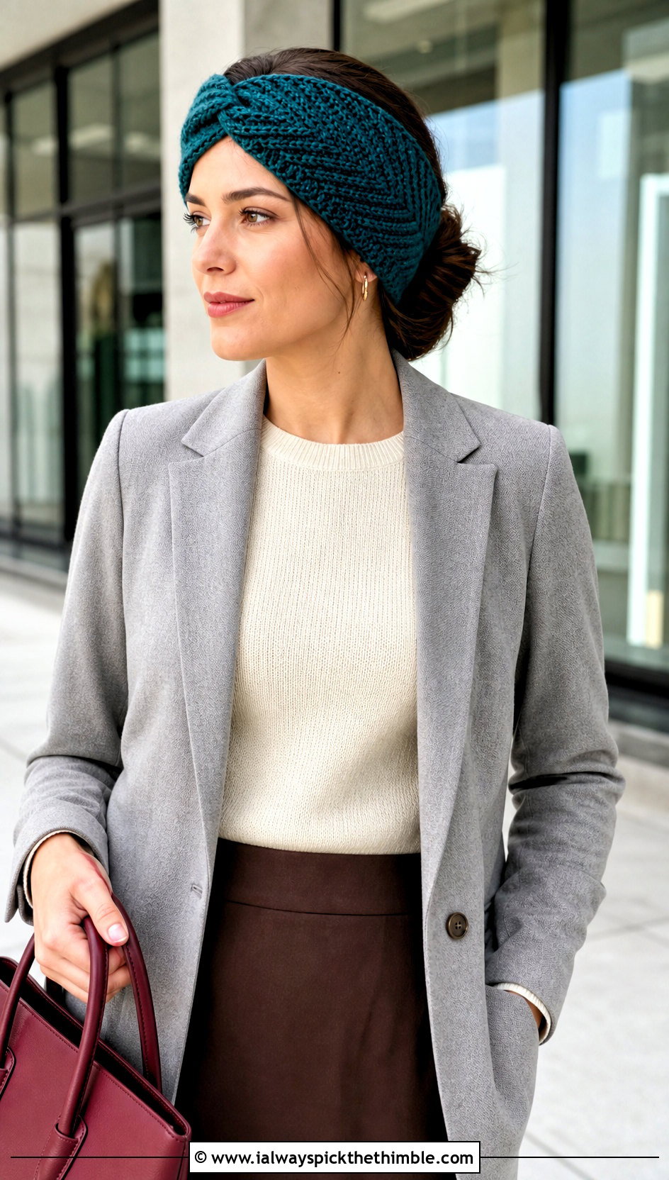Herringbone Twist Crochet Ear Warmer With Blazer - 20 twist crochet ear warmer outfit ideas