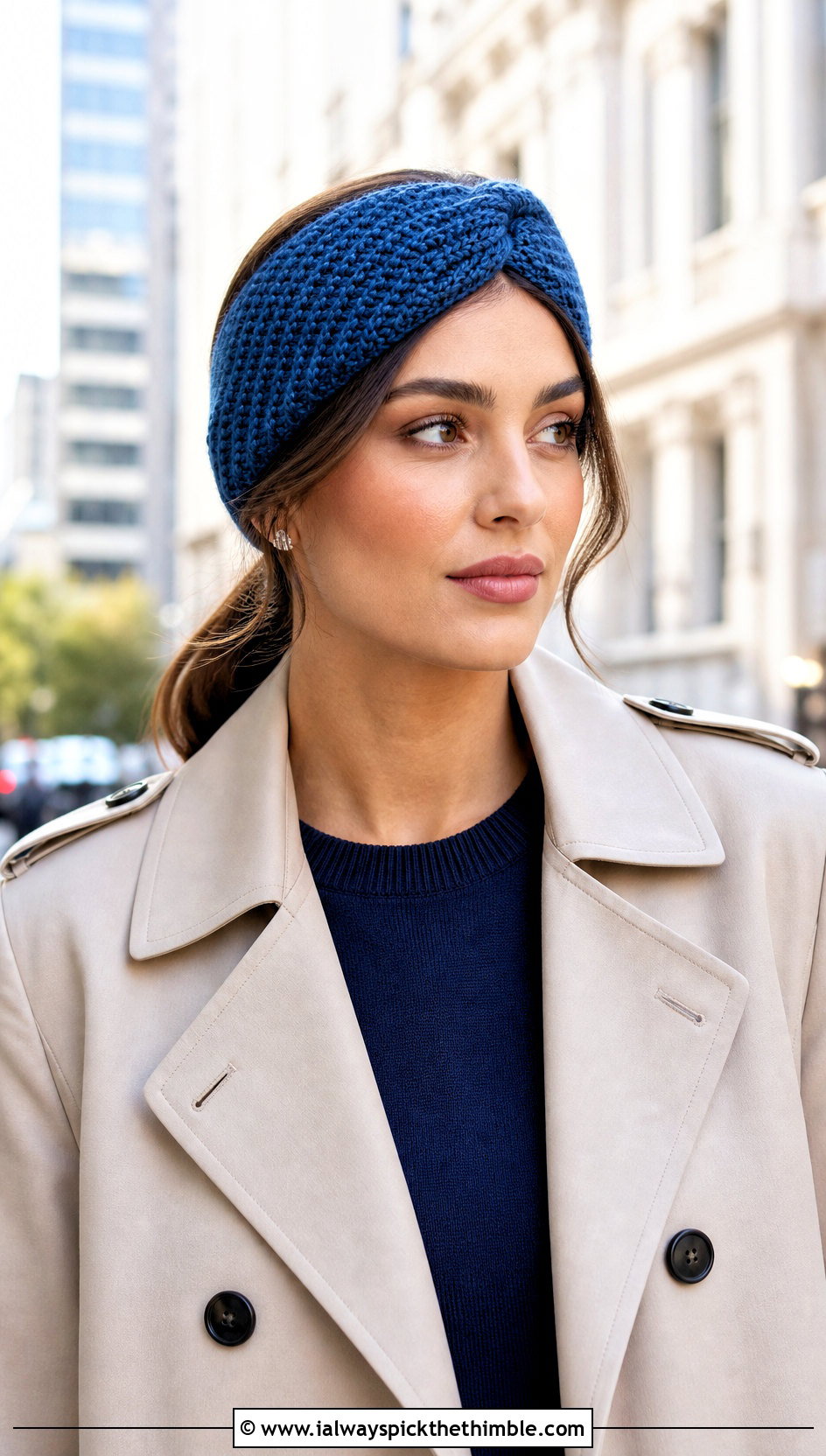 Herringbone Twist Crochet Headband With Trench Coat And Loafers - 20 crochet hair headband outfit ideas