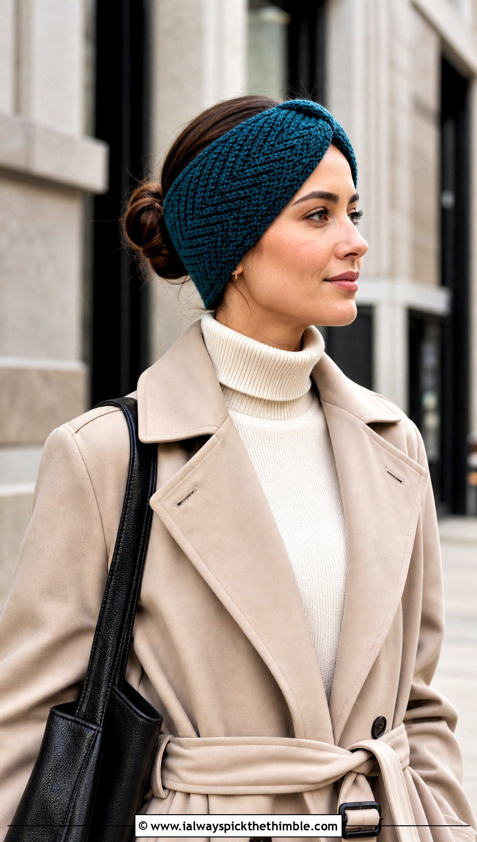 Herringbone Twist Ear Warmer With Trench Coat - 20 Crochet Twist Ear Warmer outfit ideas