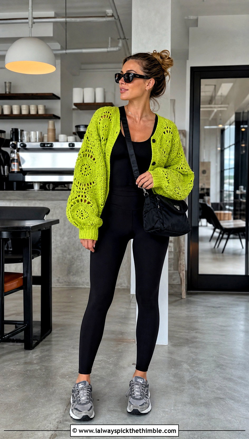 Hexagon Balloon Sleeve Cardigan With Leggings - 15 colorful crocheted cardigan on hook outfit ideas