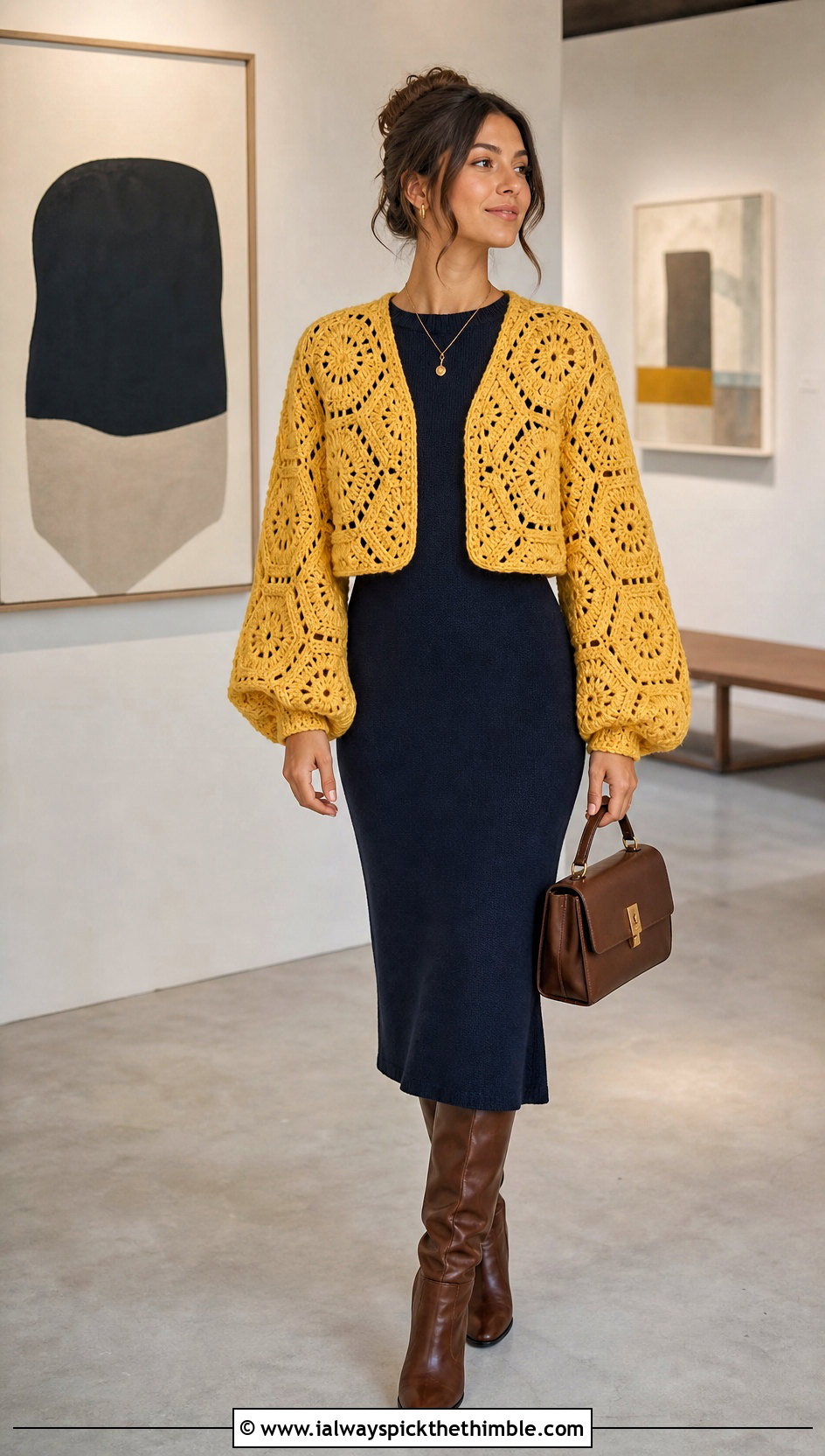 Hexagon Balloon Sleeve Crochet Fall Cardigan With Midi Dress - 25 crochet fall cardigan outfit ideas