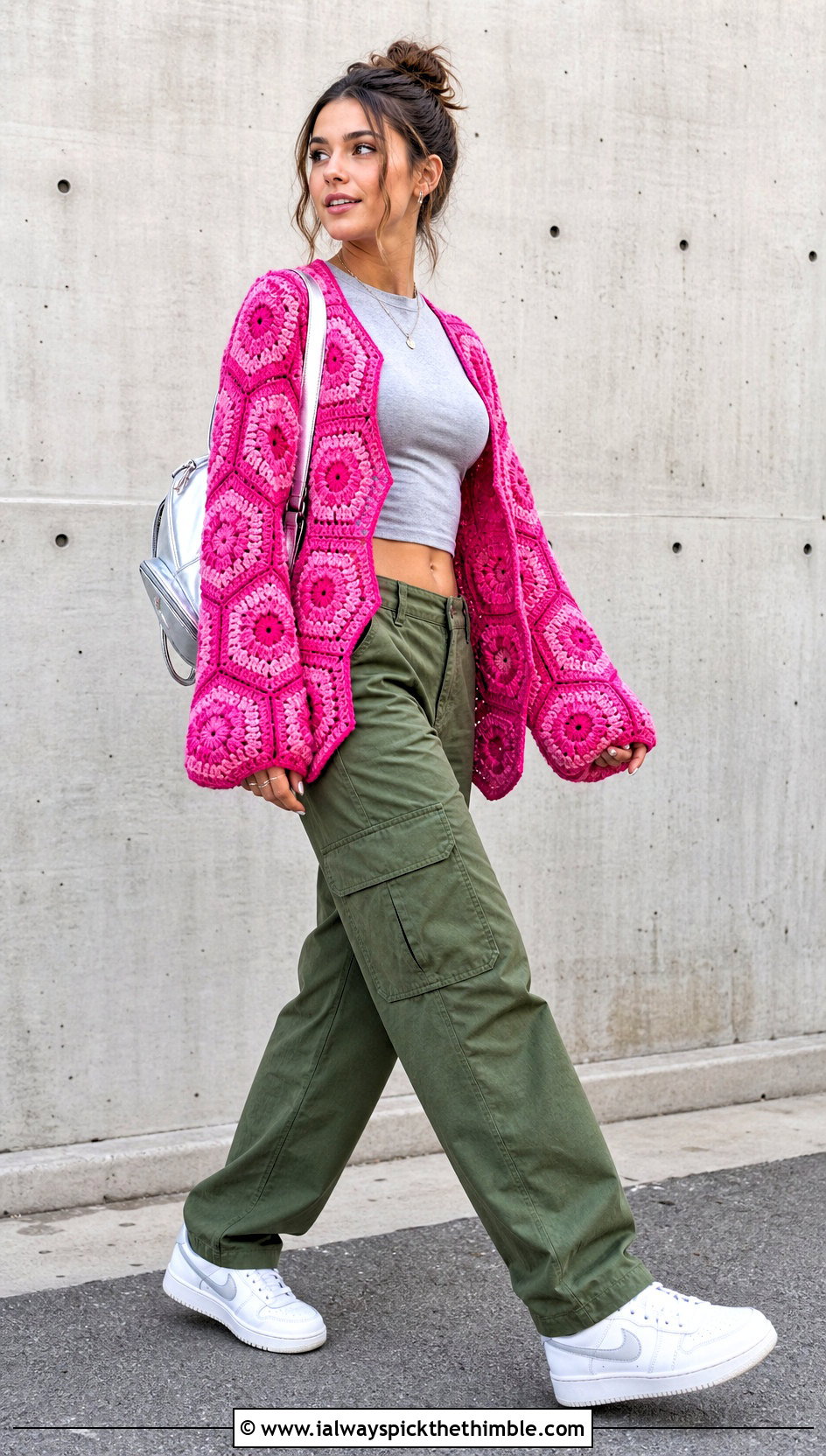 Hexagon Blanket Crochet Cardigan With Cargo Pants - 20 blanket crochet cardigan outfit ideas