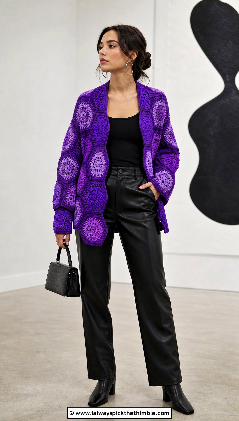 Hexagon Boho Crochet Cardigan With Black Leather Pants - 25 Boho Crochet Cardigan outfit ideas