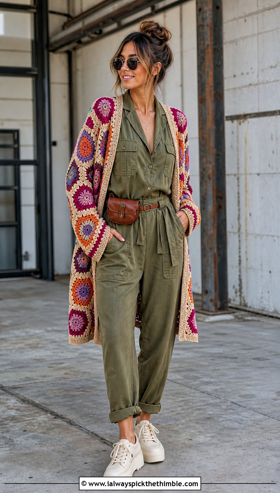 Hexagon Boho Crochet Cardigan With Utility Jumpsuit - 25 crochet boho cardigan outfit ideas