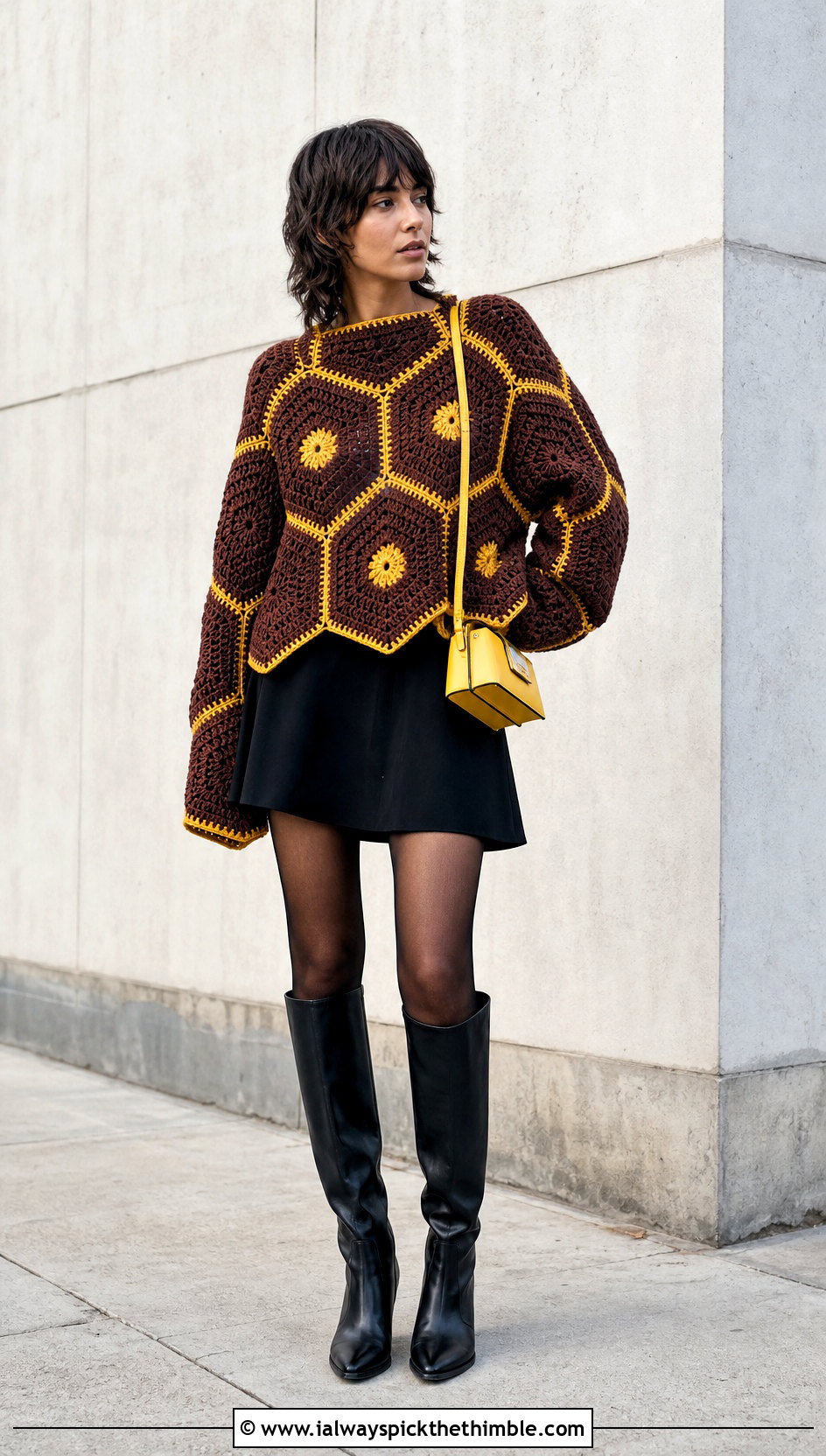 Hexagon Brown Crochet Sweater With Mini Skirt - 25 crochet brown sweater outfit ideas