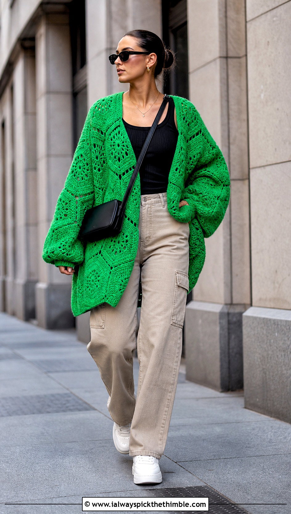 Hexagon Bulky Crochet Cardigan With Cargo Pants - 20 Bulky Crochet Cardigan outfit ideas