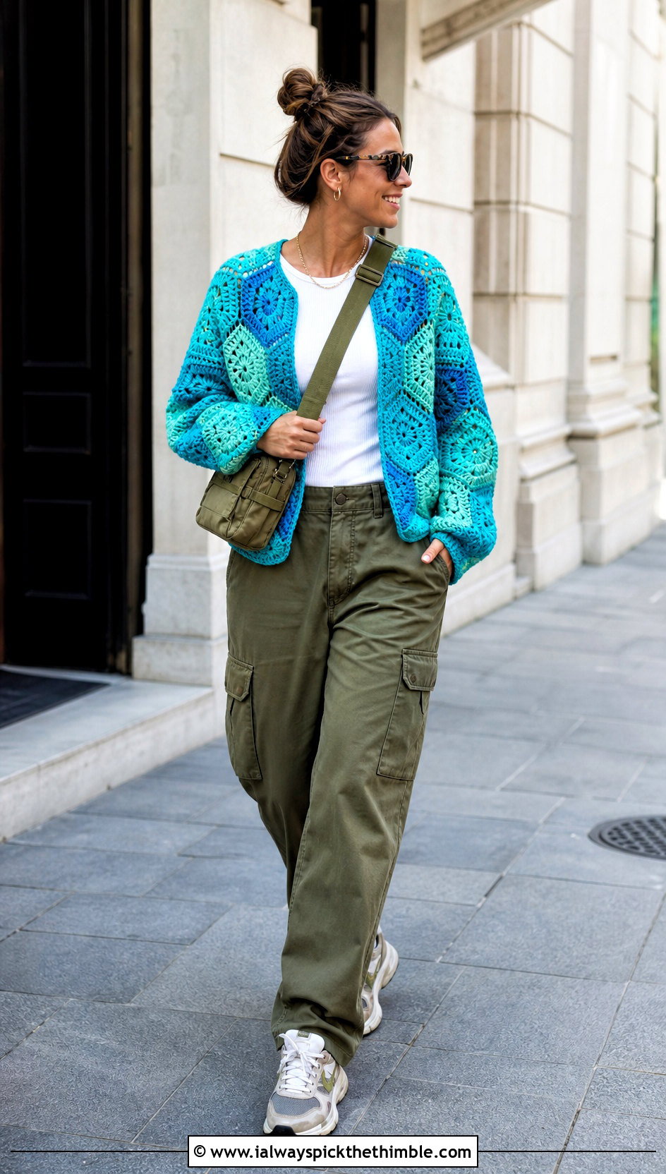 Hexagon Cardigan Crochet Sweater With Cargo Pants - 15 Customizable Crochet Sweater Design outfit ideas