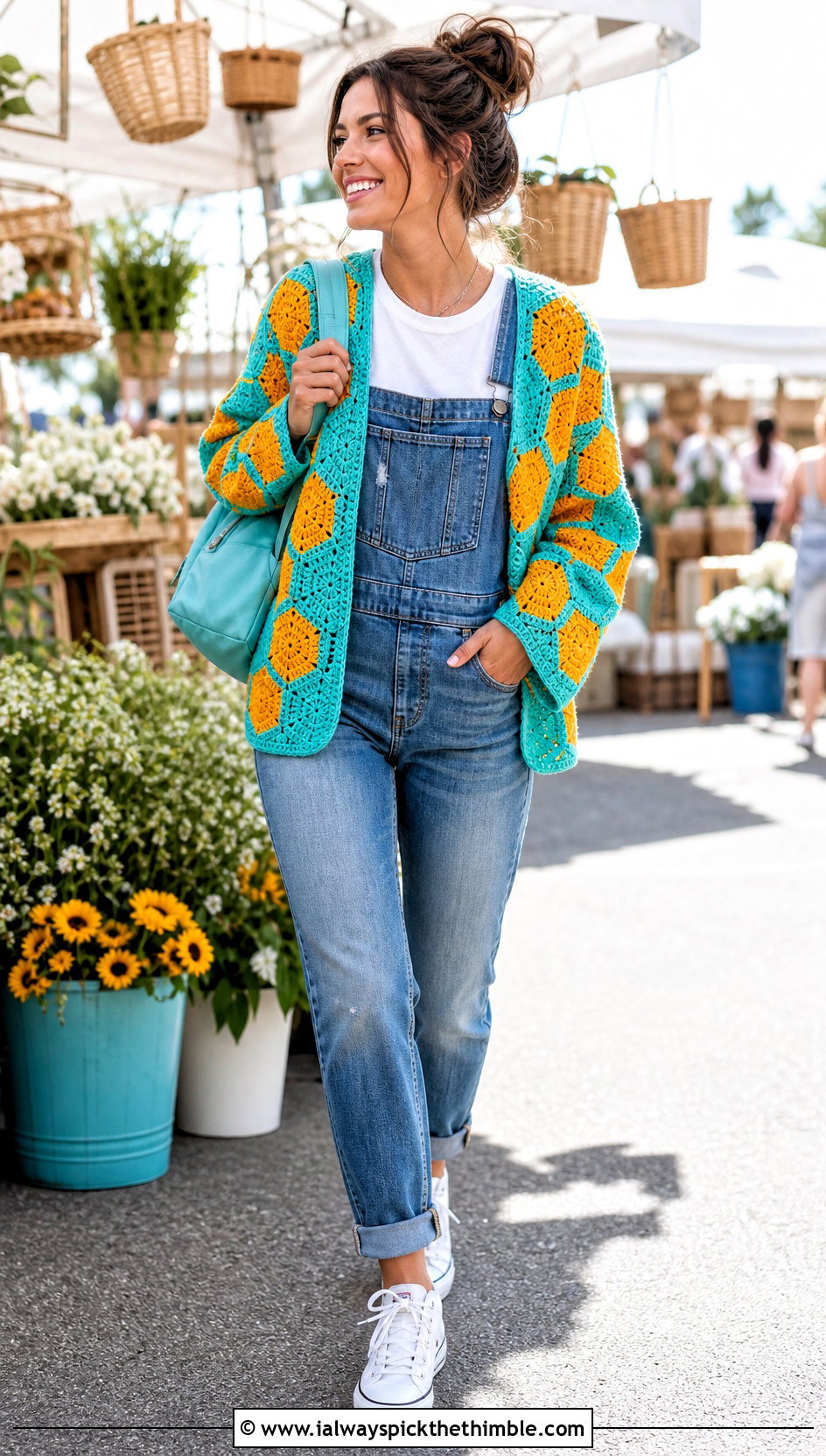Hexagon Checkered Crochet Cardigan With Denim Overalls - 20 Checkered Crochet Cardigan outfit ideas