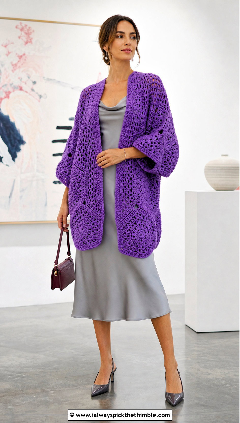 Hexagon Chunky Crochet Cardigan With Slip Dress - 15 Chunky Yarn Crochet Cardigan outfit ideas