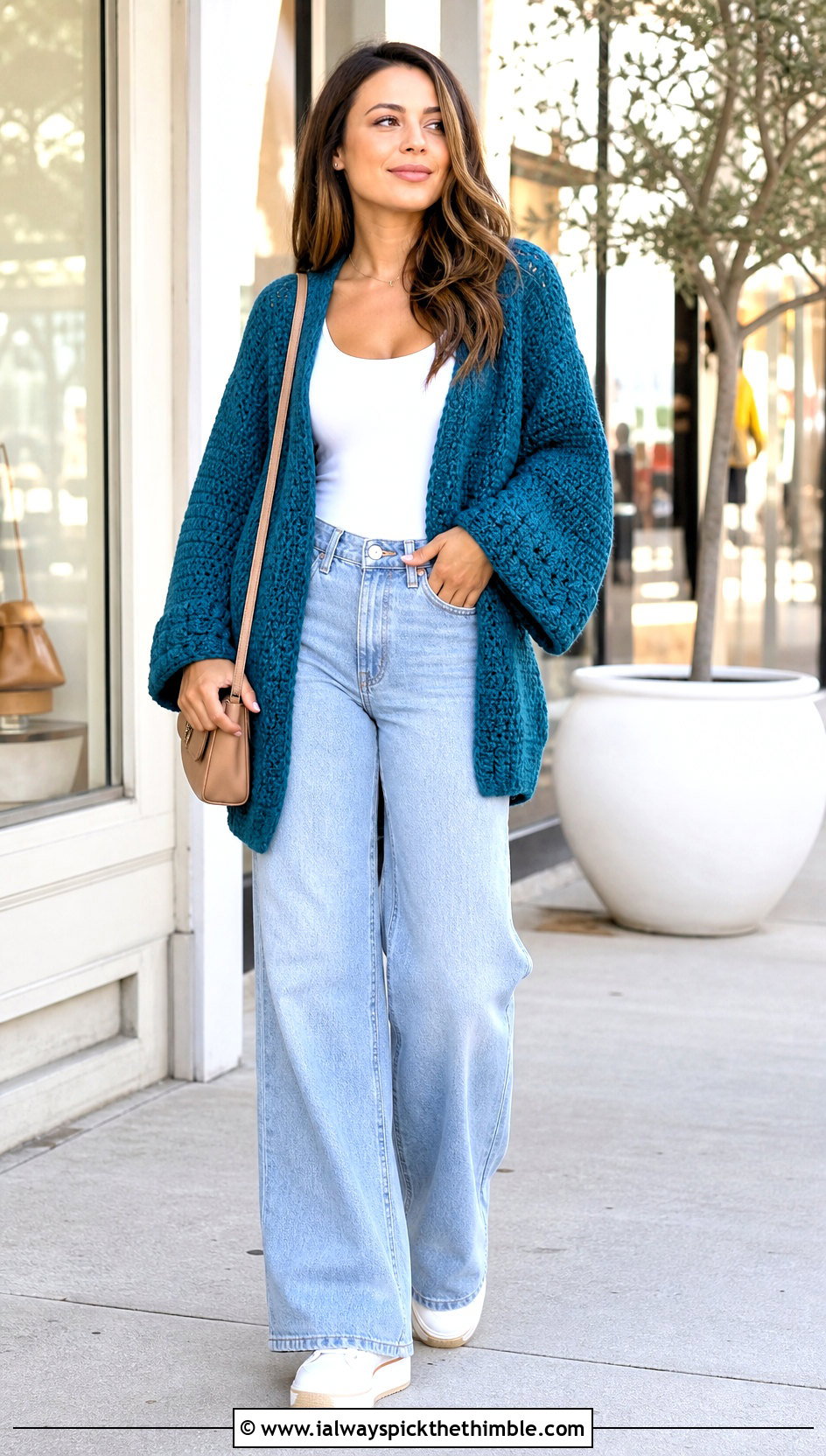Hexagon Chunky Crochet Cardigan With Wide Leg Jeans - 25 chunky crochet cardigan outfit ideas