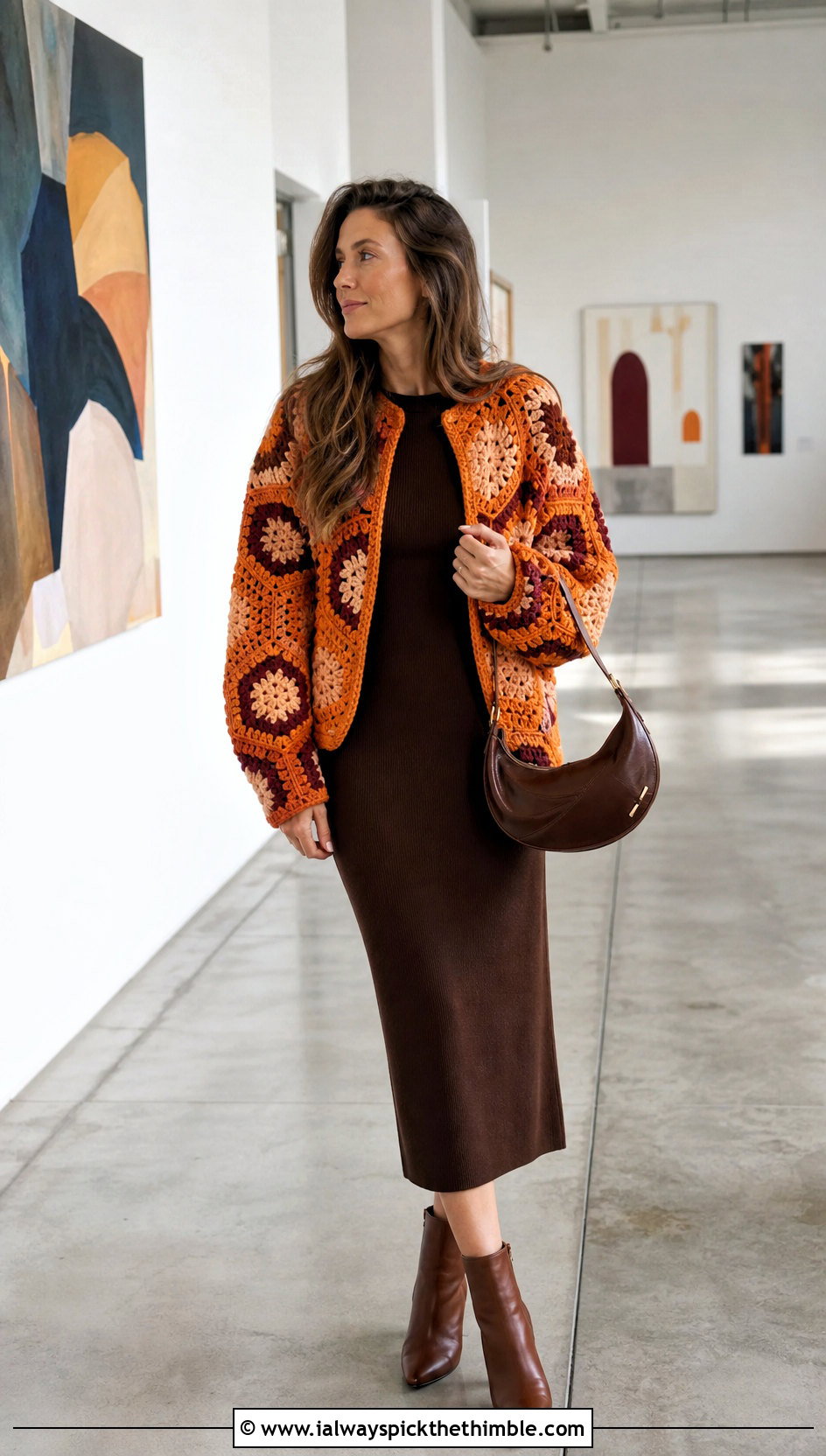 Hexagon Chunky Granny Square Cardigan With Knit Column Dress - 25 Chunky Granny Square Cardigan outfit ideas
