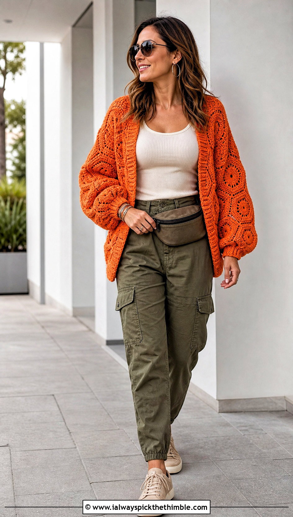 Hexagon Crochet Balloon Sleeve Cardigan With Cargo Pants - 20 crochet balloon sleeve cardigan outfit ideas
