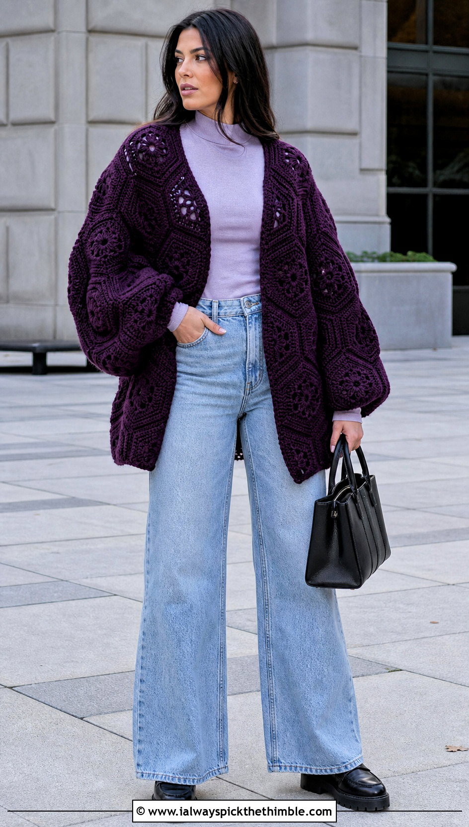 Hexagon Crochet Blanket Cardigan With Wide Leg Jeans - 25 crochet blanket cardigan outfit ideas