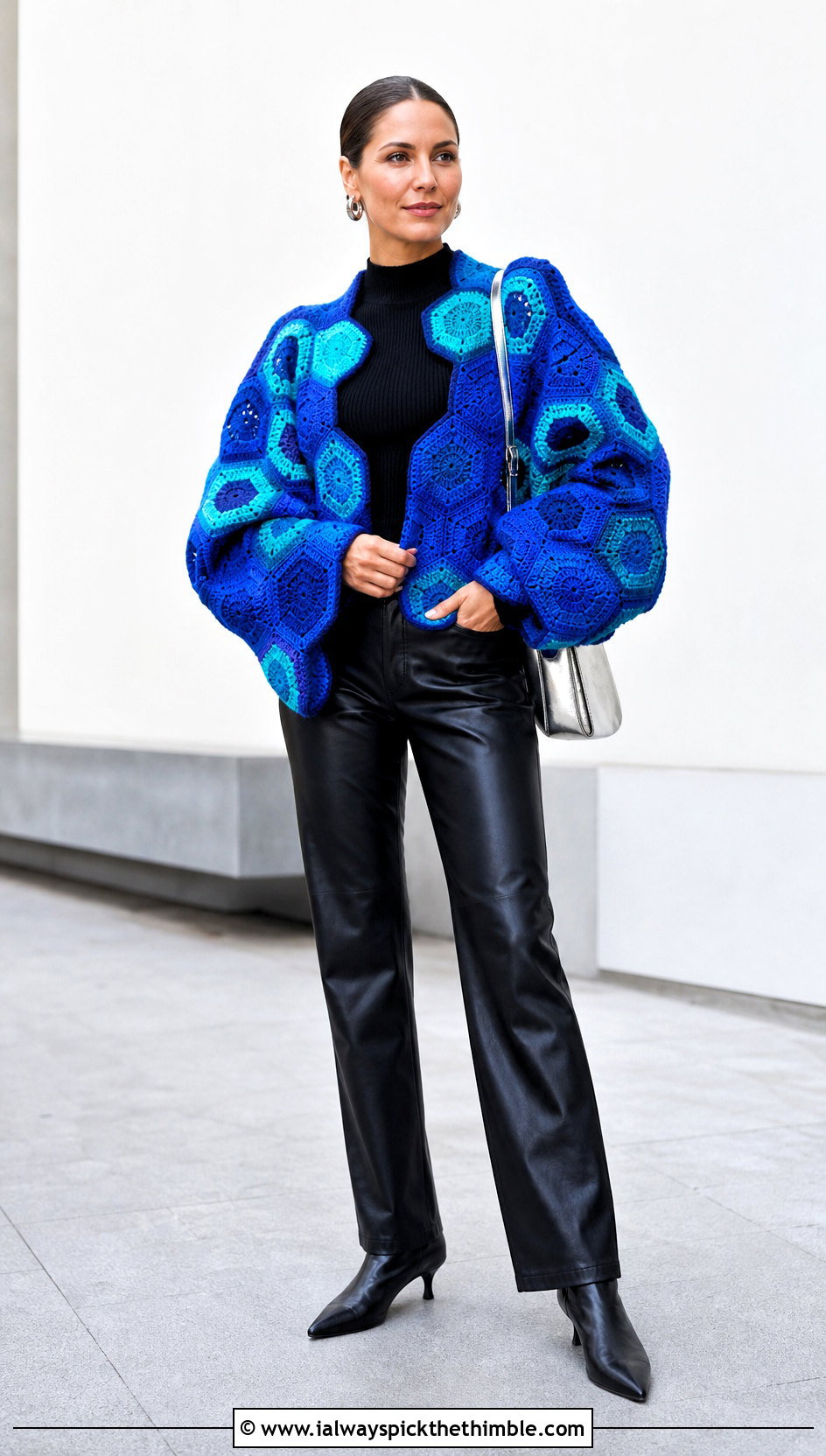 Hexagon Crochet Blanket Jacket With Leather Pants - 20 crochet blanket jacket outfit ideas