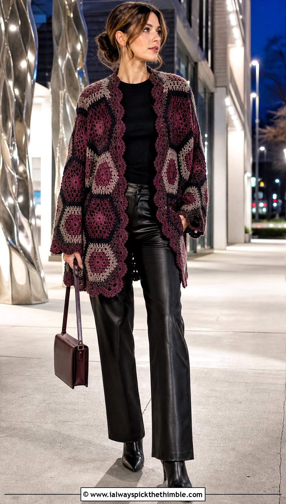Hexagon Crochet Blanket Sweater With Leather Pants - 20 crochet blanket sweater outfit ideas