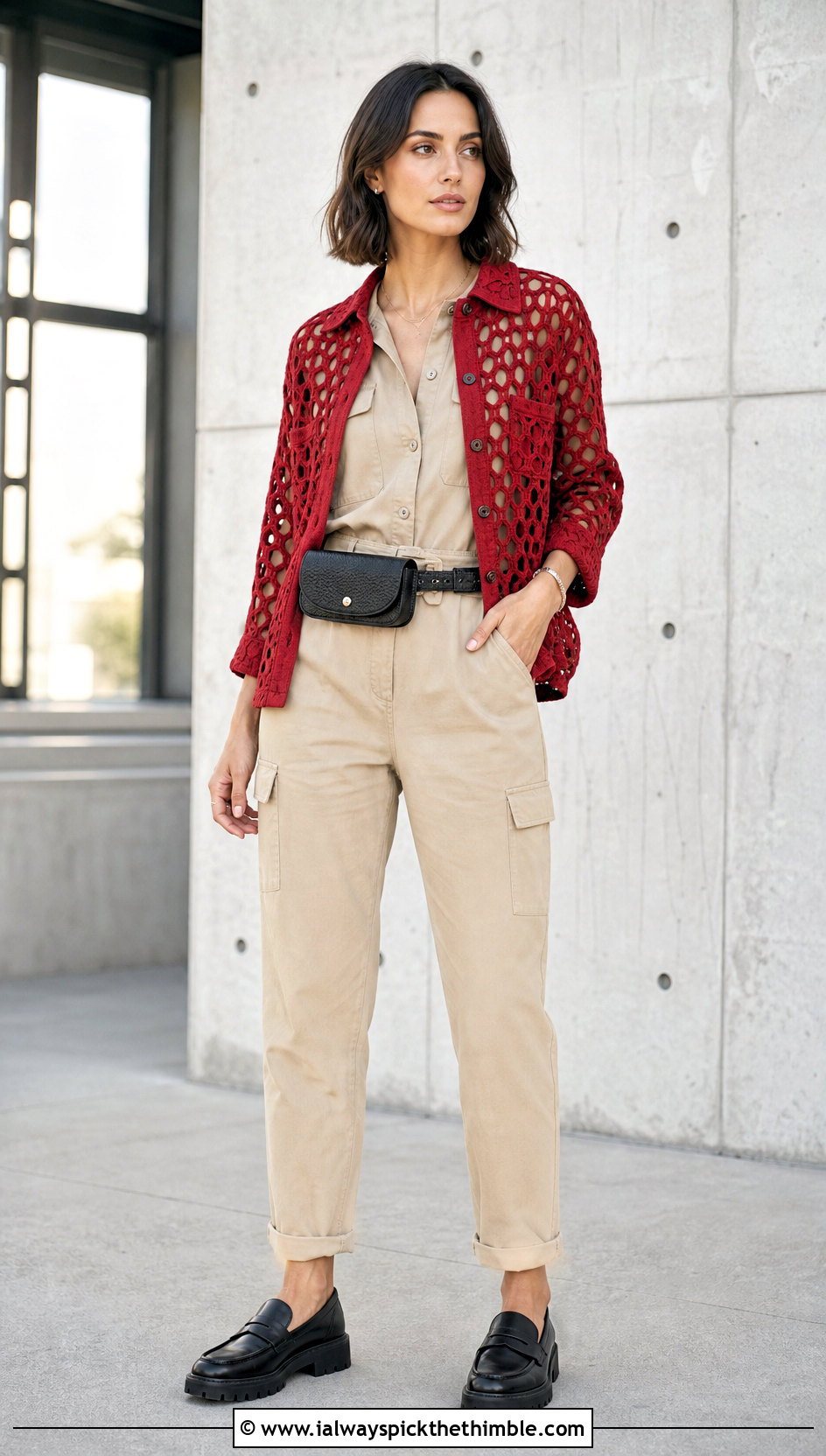 Hexagon Crochet Button Down Shirt With Utility Jumpsuit - 20 crochet button down shirt outfit ideas