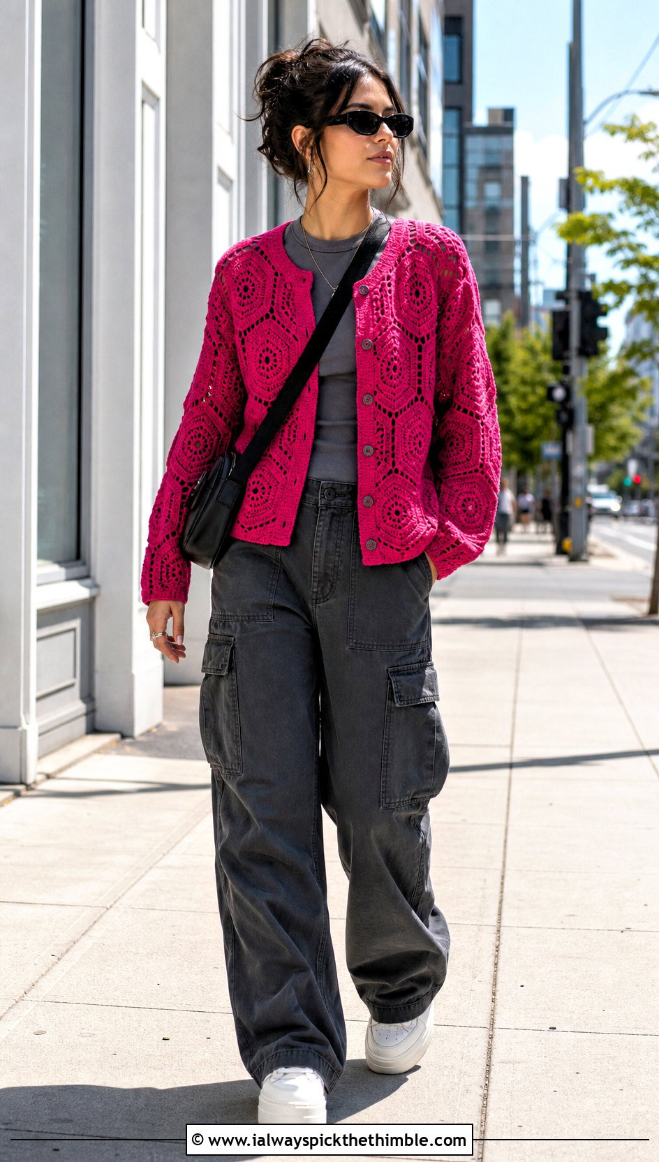 Hexagon Crochet Button Up Cardigan With Cargo Pants - 20 Crochet Button Up Cardigan outfit ideas