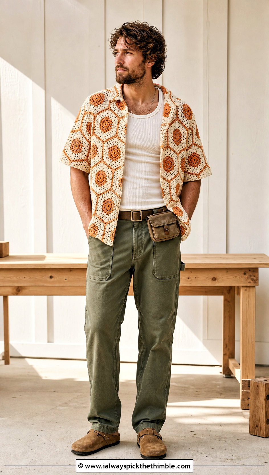 Hexagon Crochet Button Up Shirt With Carpenter Pants - 25 crochet man shirt outfit ideas