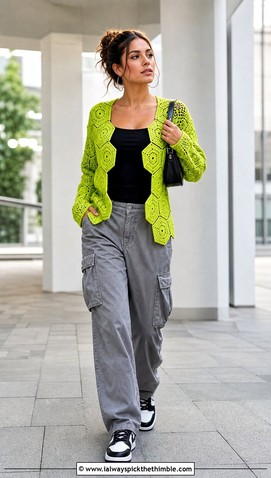Hexagon Crochet Cardigan Sweater With Cargo Pants - 15 Easy Crochet Cardigan Sweater outfit ideas
